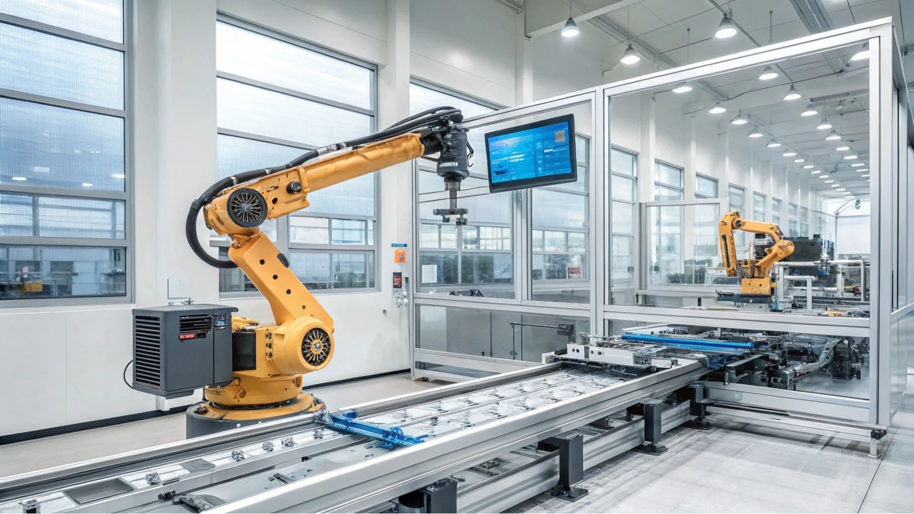 Industrial robotic arm in factory automation, showcasing advanced manufacturing technology