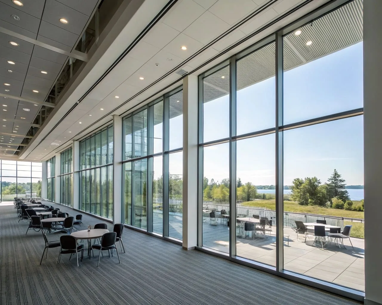 Sliding curtain wall windows are used in conference halls and meeting spaces to ensure good lighting, provide panoramic views, and create a more open, spacious atmosphere.