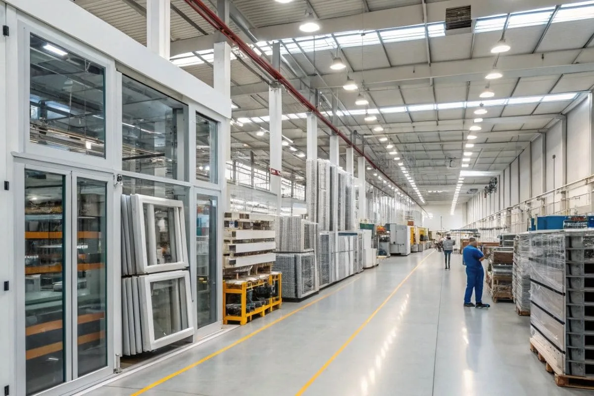 Large factory with window and door products raw materials stacked and workers in blue uniforms