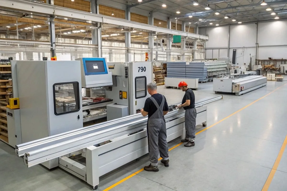 Factory workers operating machinery to process aluminum window frames