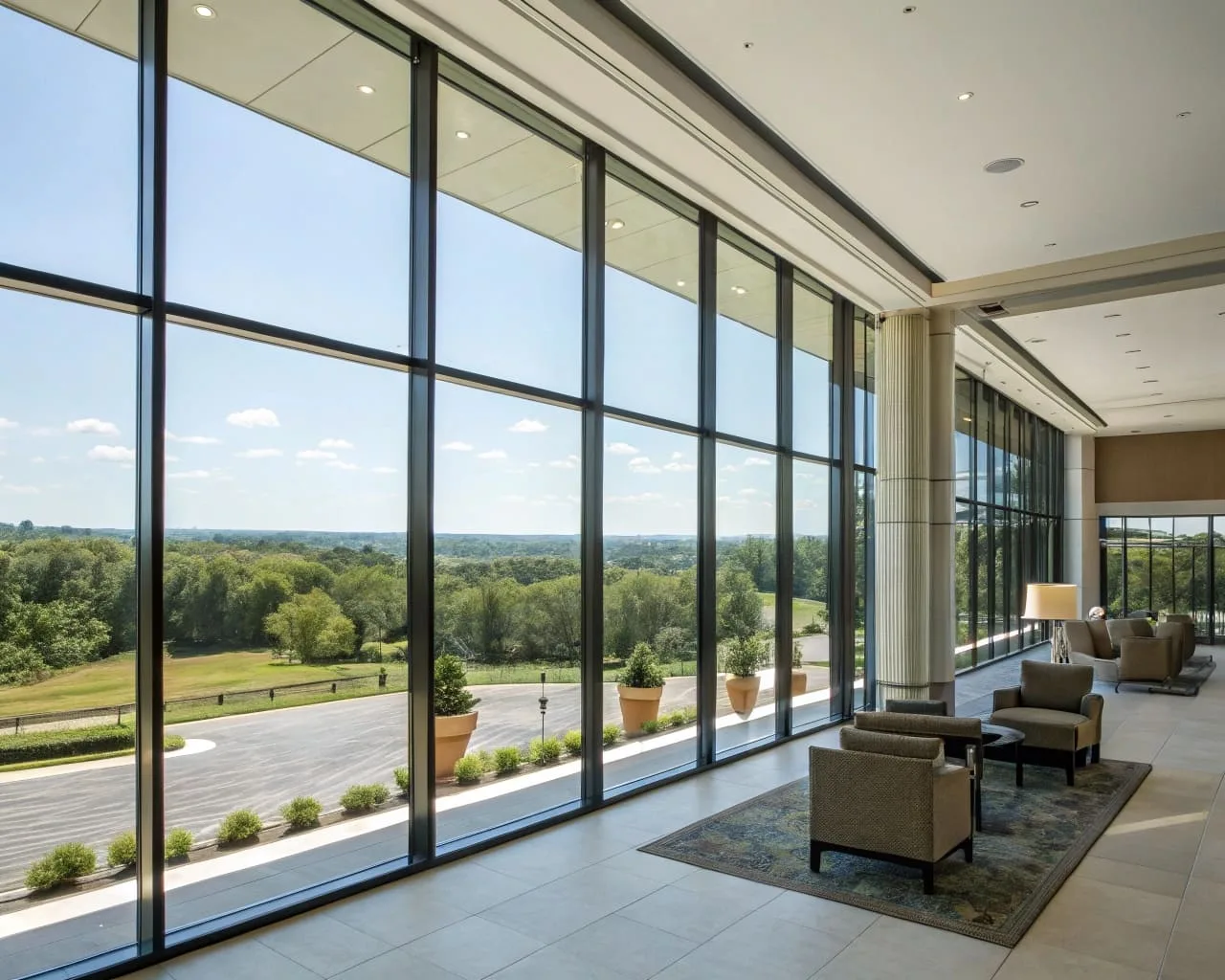 Sliding curtain wall windows are frequently used in hotel lobbies, rooms, and common areas to offer sweeping views of the surrounding landscape and to provide ample natural light.