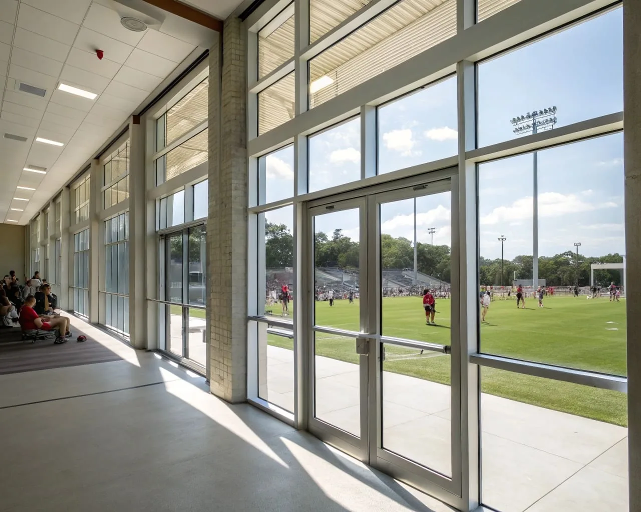 Used in sports complexes and stadiums, sliding curtain wall windows provide excellent visibility, bringing natural light into the space while maintaining the necessary climate control.
