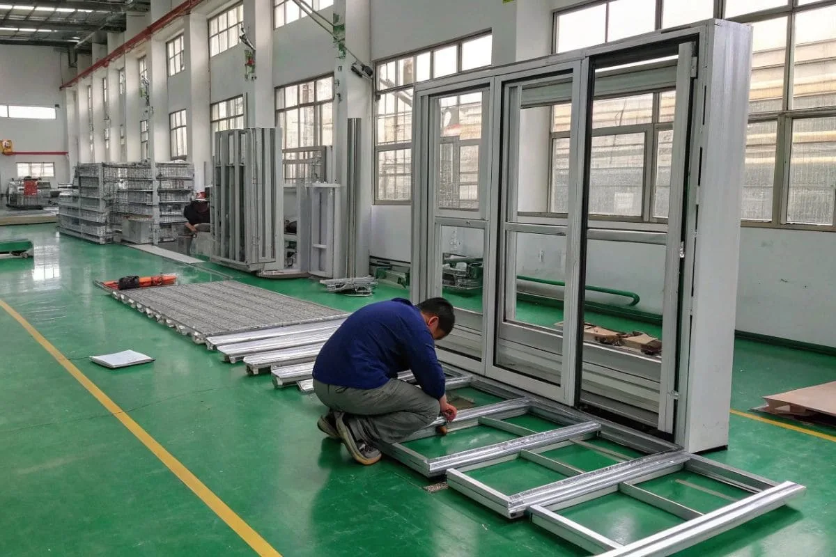 factory assembly line focused on the trial installation of window and door frames