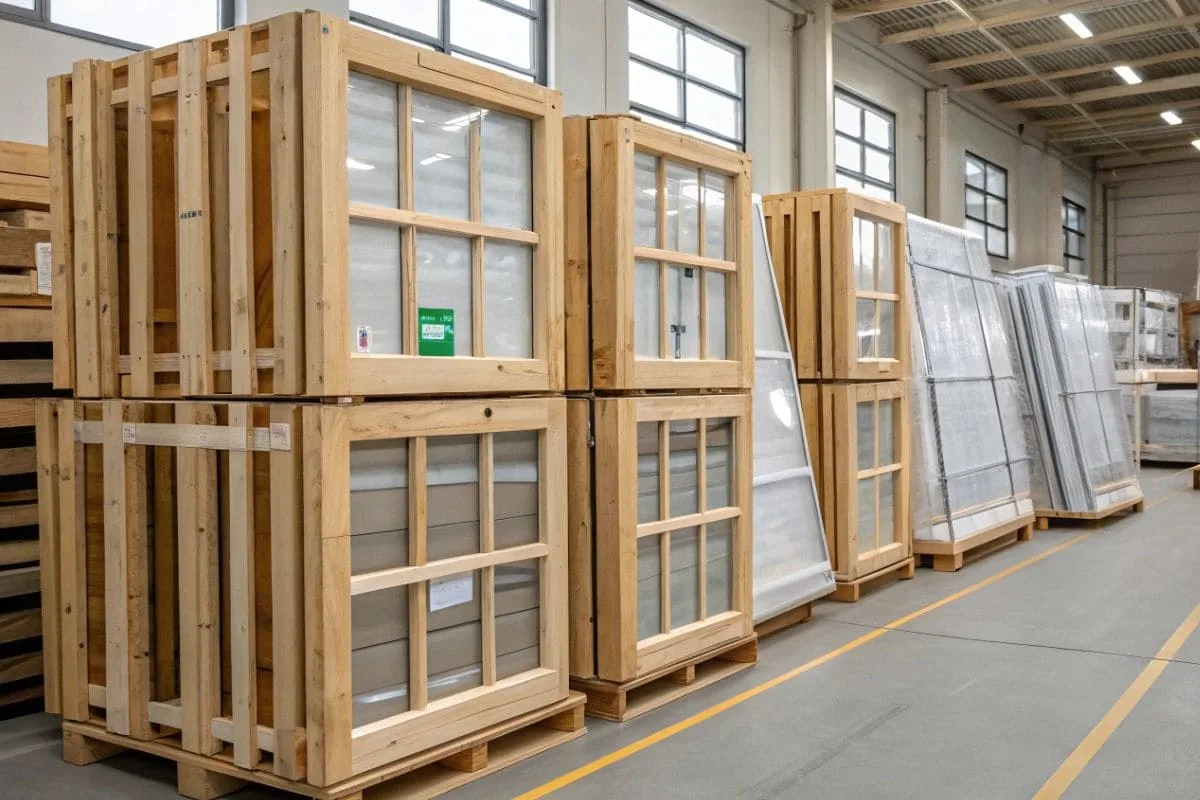 wooden crates securely sealed for shipping windows and doors system