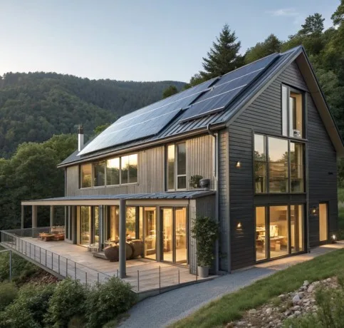 Sustainable home with solar panels and large glass windows
